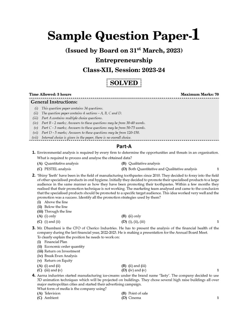 CBSE Sample Question Papers Class 12 Entrepreneurship (For 2025 Exam) Oswaal Books and Learning Private Limited