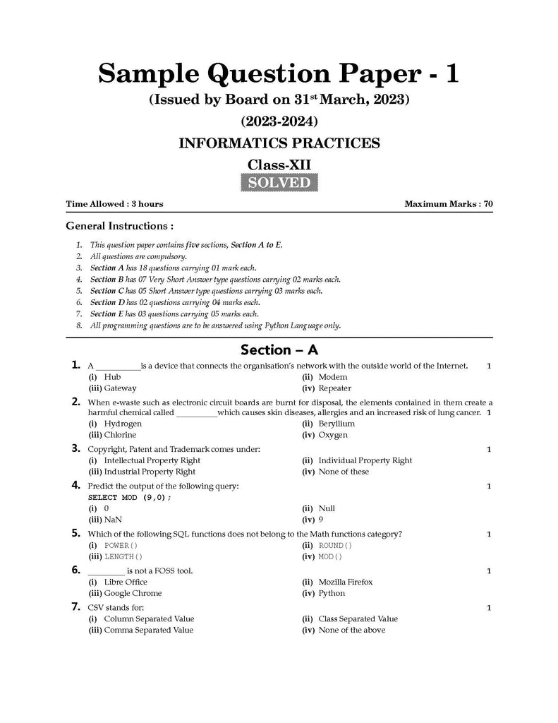 CBSE Sample Question Papers Class 12 Informatics Practices | For 2024 Board Exams