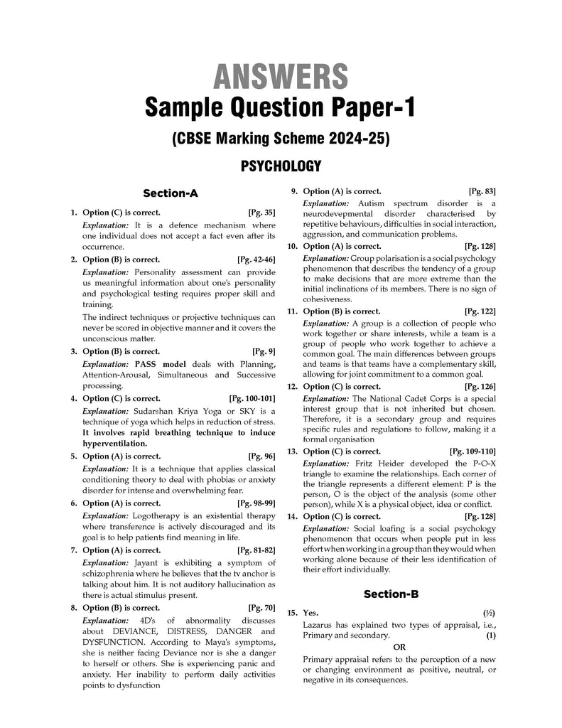 CBSE Sample Question Papers Class 12 Psychology (For 2025 Exam) Oswaal Books and Learning Private Limited