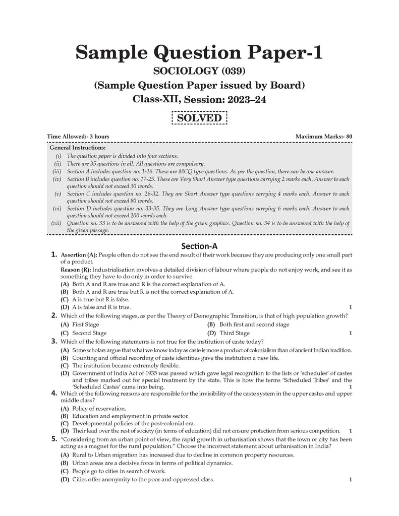 CBSE Sample Question Papers Class 12 Sociology (For 2025 Exam) Oswaal Books and Learning Private Limited