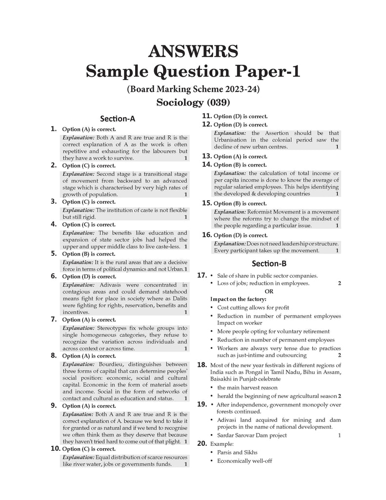 CBSE Sample Question Papers Class 12 Sociology (For 2025 Exam) Oswaal Books and Learning Private Limited