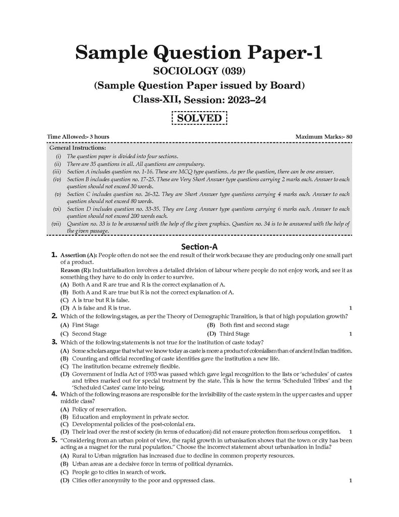 CBSE Sample Question Papers Class 12 Sociology| for 2024 Board Exams
