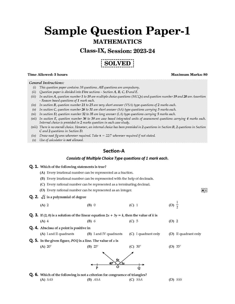 CBSE Sample Question Papers Class 9 Mathematics Book (For 2024 Exam) | 2023-24