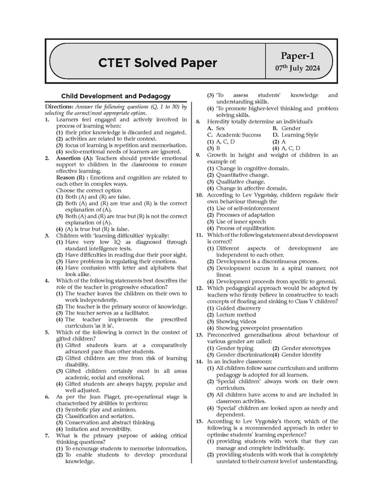 CTET (CENTRAL TEACHER ELIGIBILITY TEST) 17 Previous Solved Papers Year-wise (2013-2024 July) Paper-I (Classes 1 to 5) (For 2025 Exam) Oswaal Books and Learning Private Limited