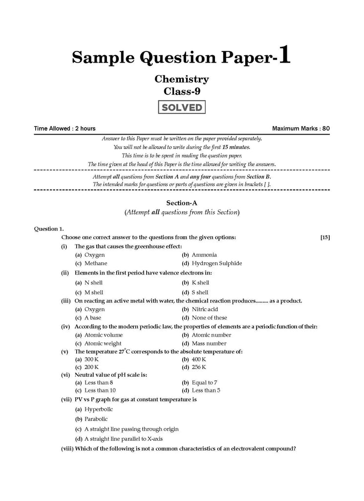 ICSE 10 Sample Question Papers Class 9 Chemistry For Board Exam 2024 (Based On The Latest CISCE/Oswaal ICSE Specimen Paper)