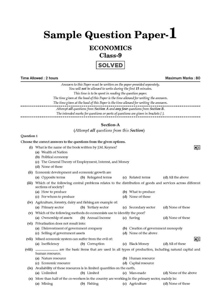 ICSE 10 Sample Question Papers Class 9 Economics | For 2024 Exams