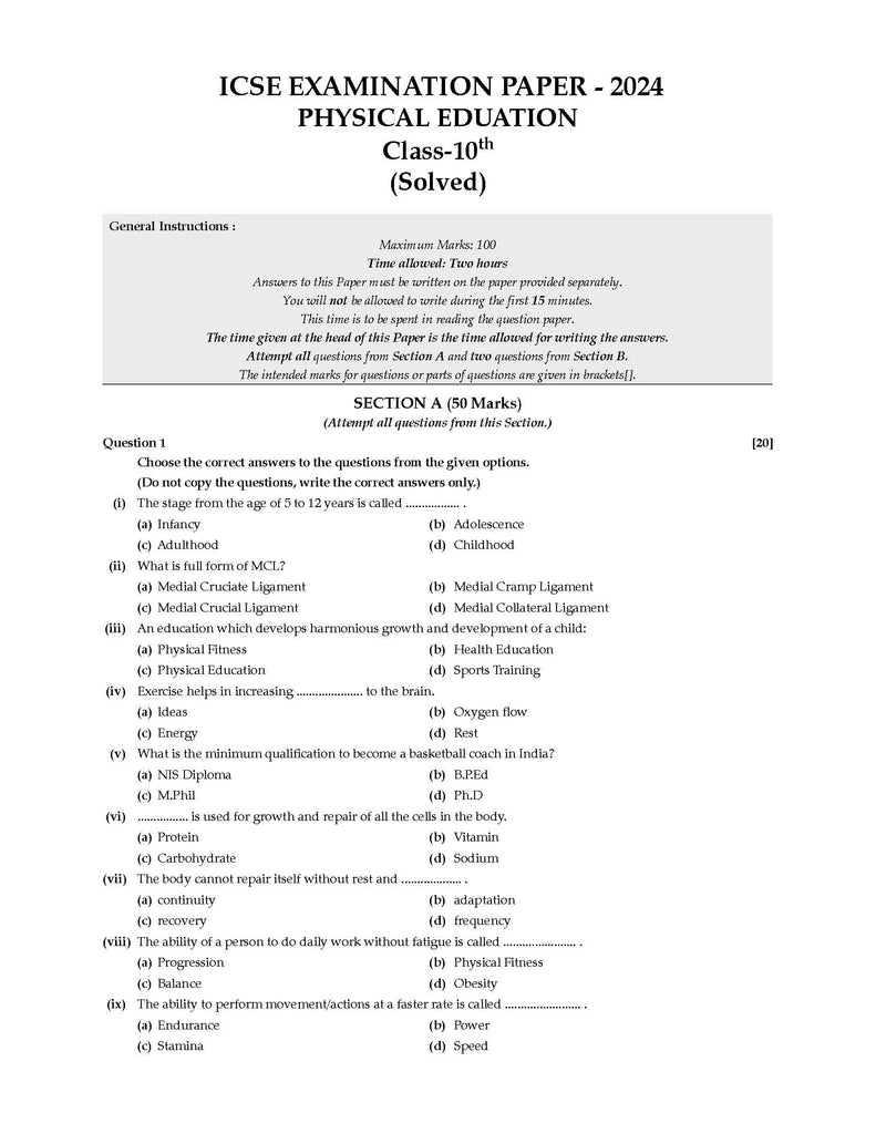 ICSE Question Bank Chapter-wise Topic-wise Class 10 Physical Education | For 2025 Board Exams Oswaal Books and Learning Private Limited