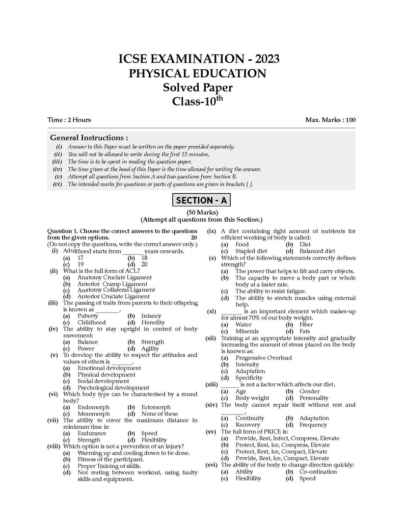 ICSE 10 Sample Question Papers Class 10 Physical Education For Board Exam 2024 (Based On The Latest CISCE/ICSE Specimen Paper) Oswaal Books and Learning Private Limited