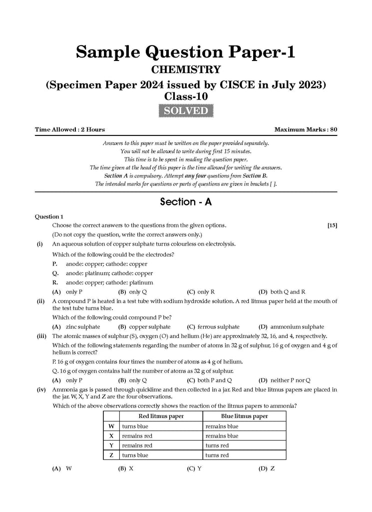 ICSE 10 Sample Question Papers Class 10 Chemistry For Board Exam 2024