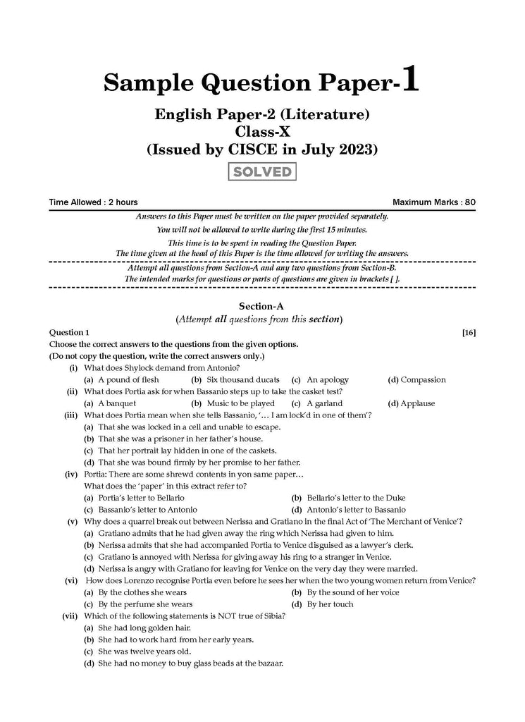 ICSE 10 Sample Question Papers Class 10 English-2 For Board Exam 2024 (Based On The Latest CISCE/ICSE Specimen Paper) - Oswaal Books and Learning Pvt Ltd
