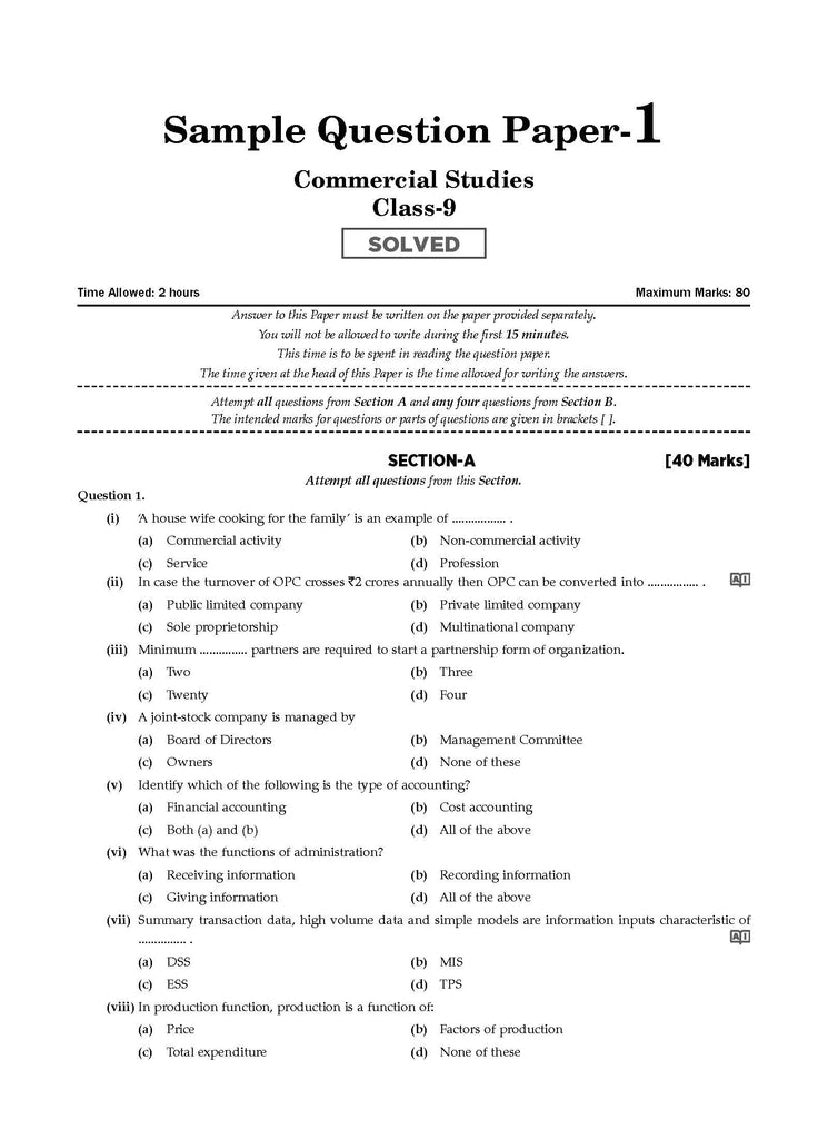 ICSE | 10 Sample Question Papers | Class 9 | Commercial Studies (For 2025 Exam) Oswaal Books and Learning Private Limited