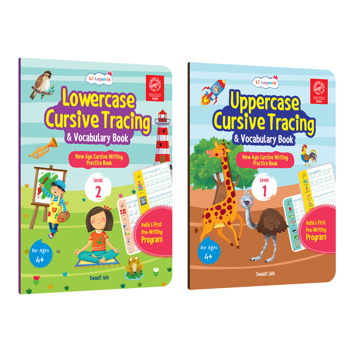 Oswaal Lil Legends Cursive Writing Starter Pack | Set of 2 Books | Uppercase Level 1 and Lowercase Level 2 | Three Line Handwriting and Vocabulary Practice | For LKG/UKG | Age 4+