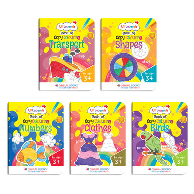 Lil Legends Books of Copy Colouring Set of 5 Books for Kids | Transport, Shapes, Numbers, Clothes and Birds | Fun Activities and Vocabulary Booster | For LKG/UKG | Age 3+