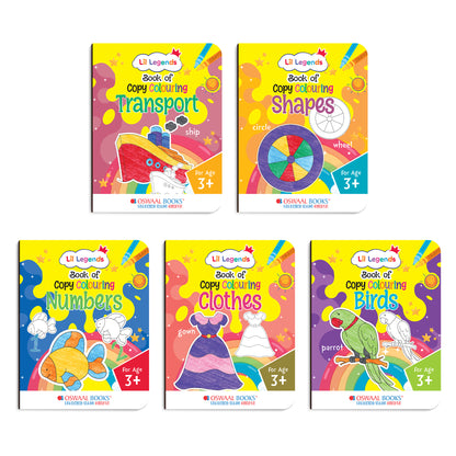 Lil Legends Books of Copy Colouring Set of 5 Books for Kids | Transport, Shapes, Numbers, Clothes and Birds | Fun Activities and Vocabulary Booster | For LKG/UKG | Age 3+