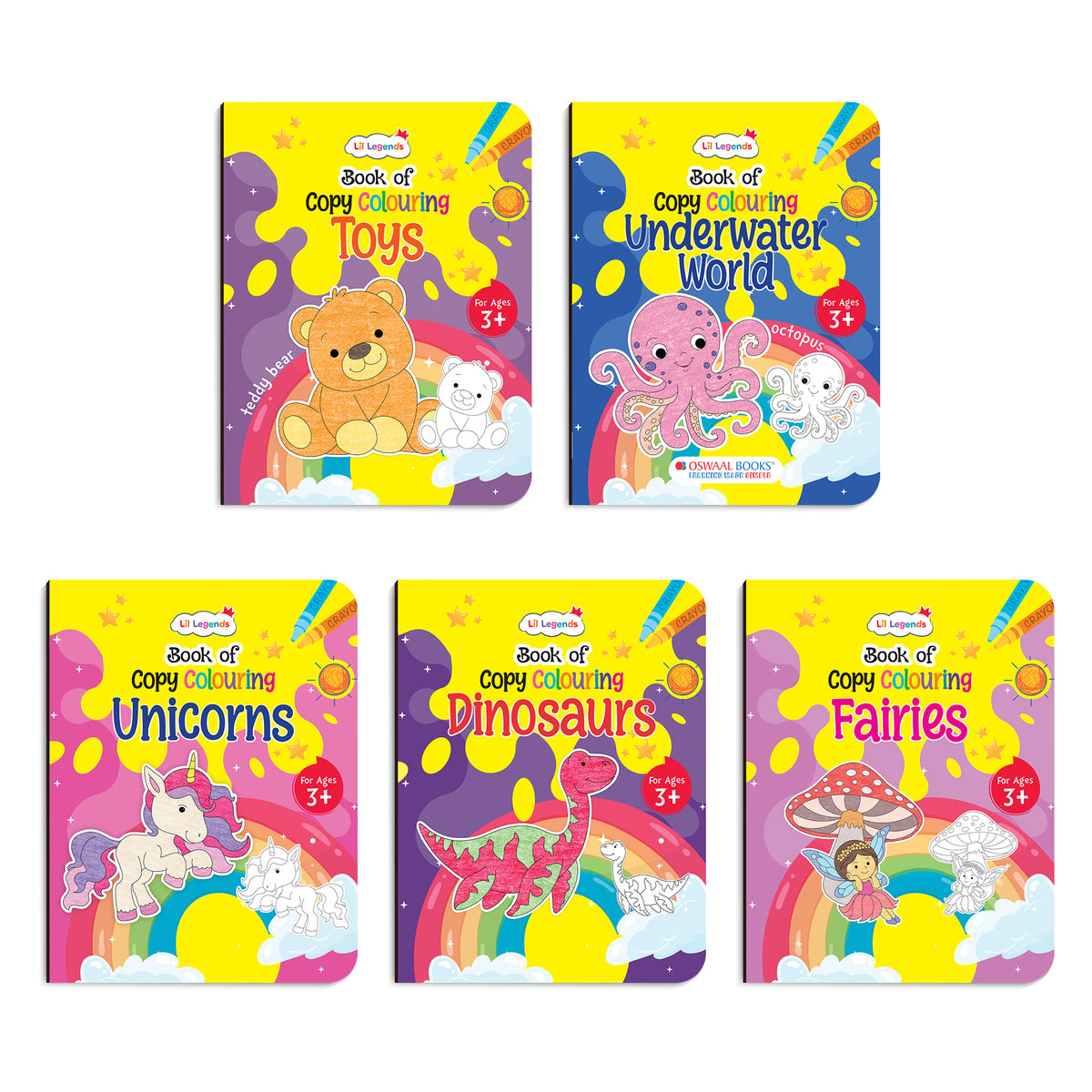 Lil Legends Books Of Copy Colouring Set of 5 Books for Kids | Dinosaurs, Unicorns, Toys, Fairies and Underwater World | Fun Activities and Vocabulary Booster | For LKG/UKG | Age 3+