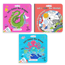 Lil Legends Let's Colour Set of 3 Colouring Books | Animals, Oceans and Dragons | Travel-Friendly Hardboard Support | Boosts Focus and Creativity | For UKG/Primary | Age 4+