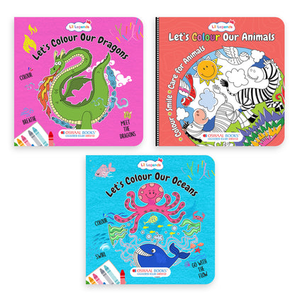 Lil Legends Let's Colour Set of 3 Colouring Books | Animals, Oceans and Dragons | Travel-Friendly Hardboard Support | Boosts Focus and Creativity | For UKG/Primary | Age 4+