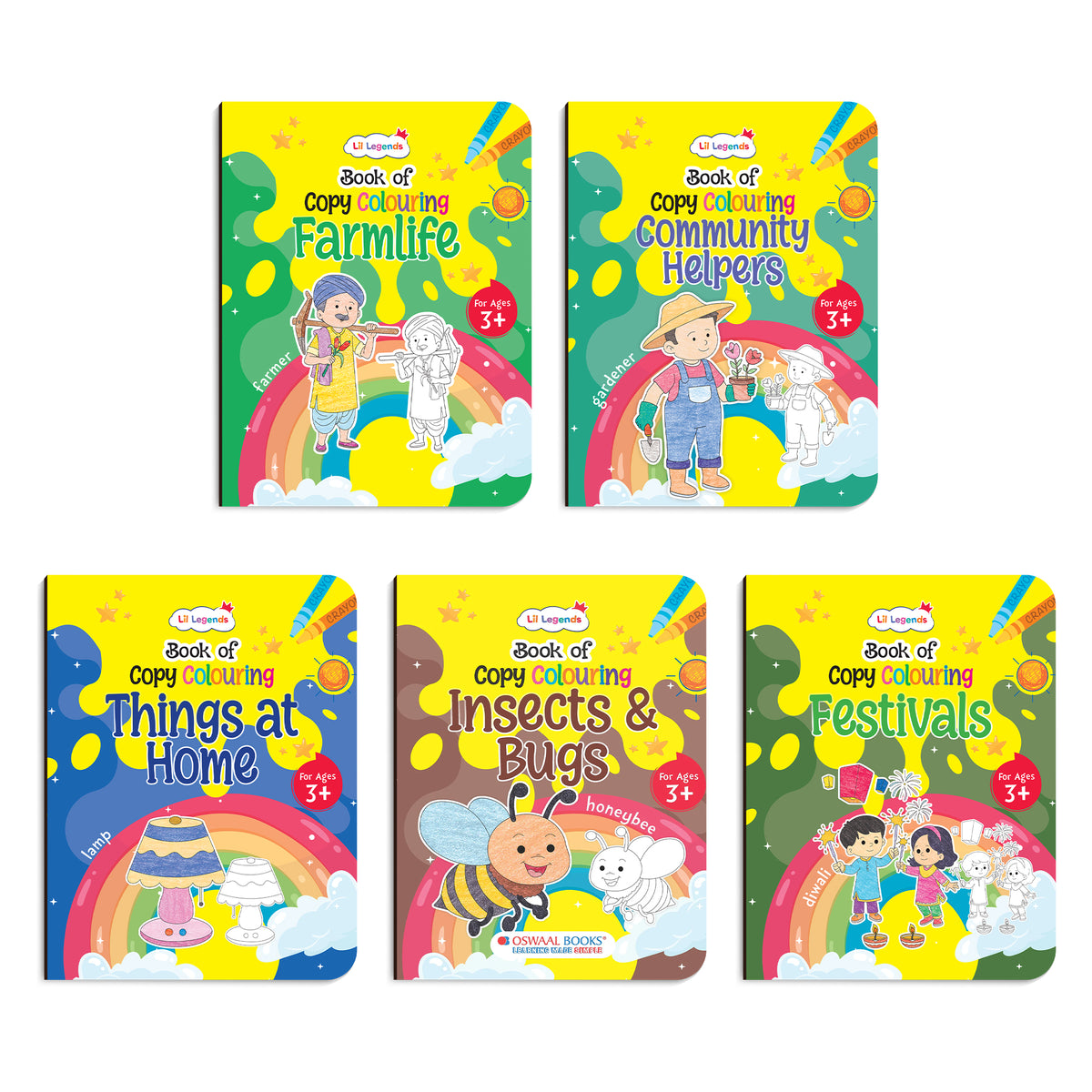Lil Legends Books Of Copy Colouring Set of 5 Books for Kids | Community Helpers, Festivals, Things at Home and More | Fun Activities and Vocabulary Booster | For LKG/UKG | Age 3+