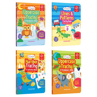 Lil Legends Writing Books Set of 4 Books | India's First Pre-Writing Program | Patterns Numbers and Uppercase Tracing, Activities and Vocabulary | For Nursery/LKG/UKG | Age 2-5