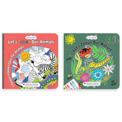 Oswaal Lil Legends Let's Colour Set of 2 Colouring Books | Animals and Nature | Travel-Friendly Hardboard Support | Boosts Focus and Creativity | For UKG/Primary | Age 4+