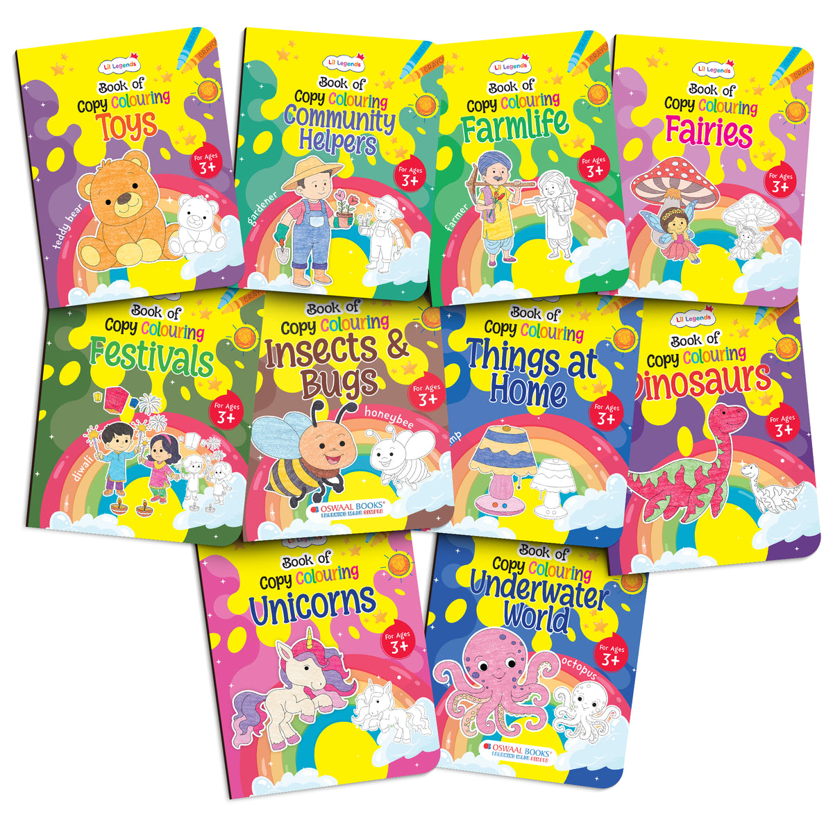 Lil Legends Books Of Copy Colouring Set of 10 Books for Kids | Dinosaurs, Unicorns, Festivals, Community Helpers and More | Fun Activities and Vocabulary Booster | For LKG/UK | Age 3+