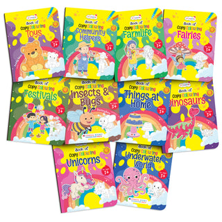 Lil Legends Books Of Copy Colouring Set of 10 Books for Kids | Dinosaurs, Unicorns, Festivals, Community Helpers and More | Fun Activities and Vocabulary Booster | For LKG/UK | Age 3+