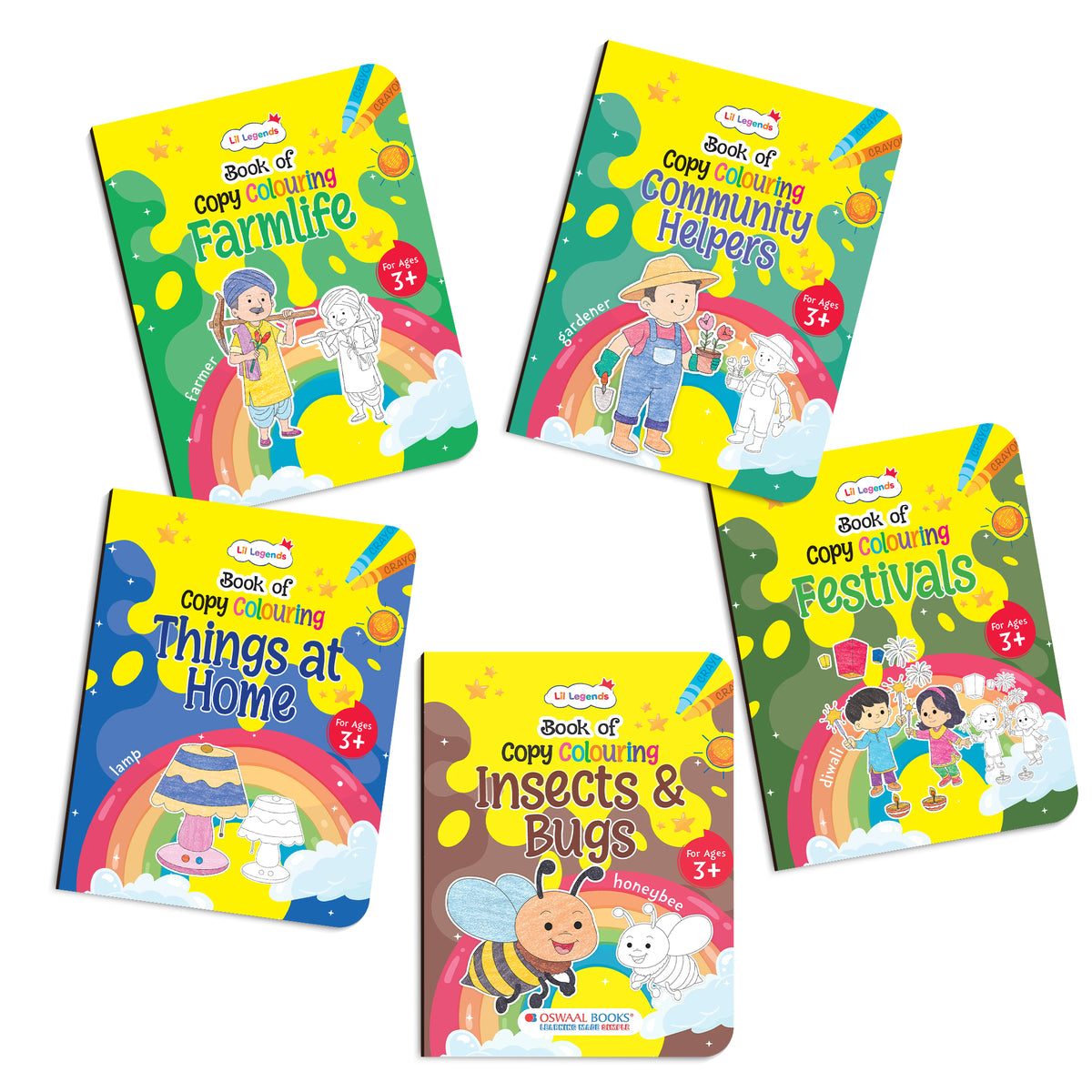 Lil Legends Books Of Copy Colouring Set of 5 Books for Kids | Community Helpers, Festivals, Things at Home and More | Fun Activities and Vocabulary Booster | For LKG/UKG | Age 3+