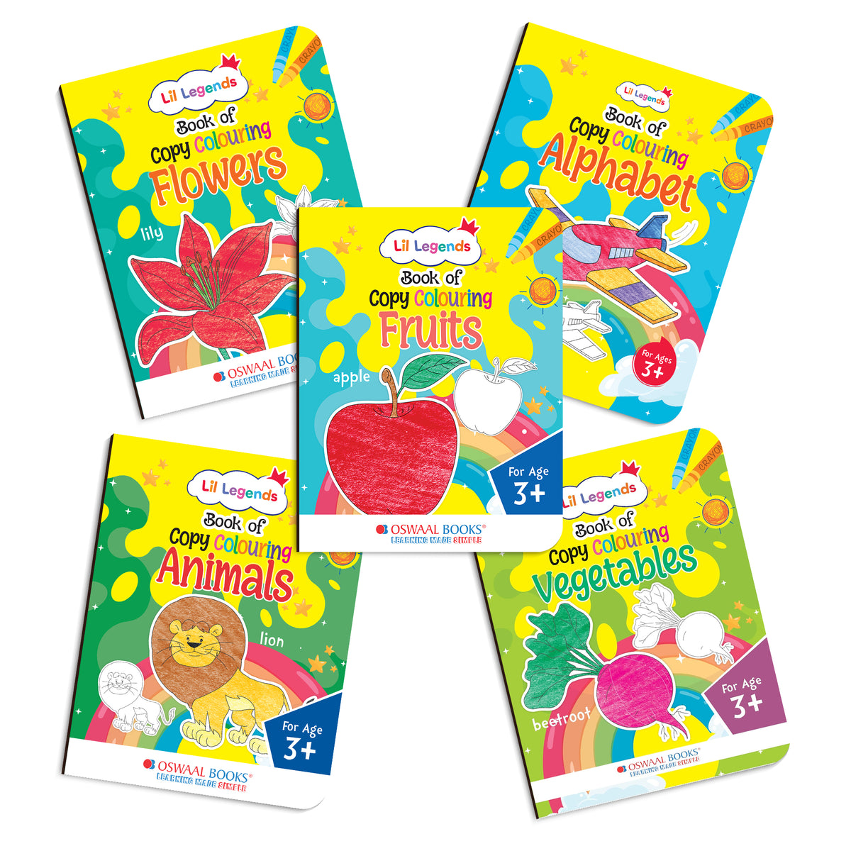 Lil Legends Books of Copy Colouring Set of 5 Books for Kids | Animals, Alphabets, Vegetables, Flowers and Fruits | Fun Activities and Vocabulary Booster for Kids | For LKG/UKG | Age 3+