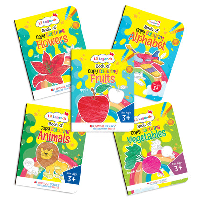 Lil Legends Books of Copy Colouring Set of 5 Books for Kids | Animals, Alphabets, Vegetables, Flowers and Fruits | Fun Activities and Vocabulary Booster for Kids | For LKG/UKG | Age 3+