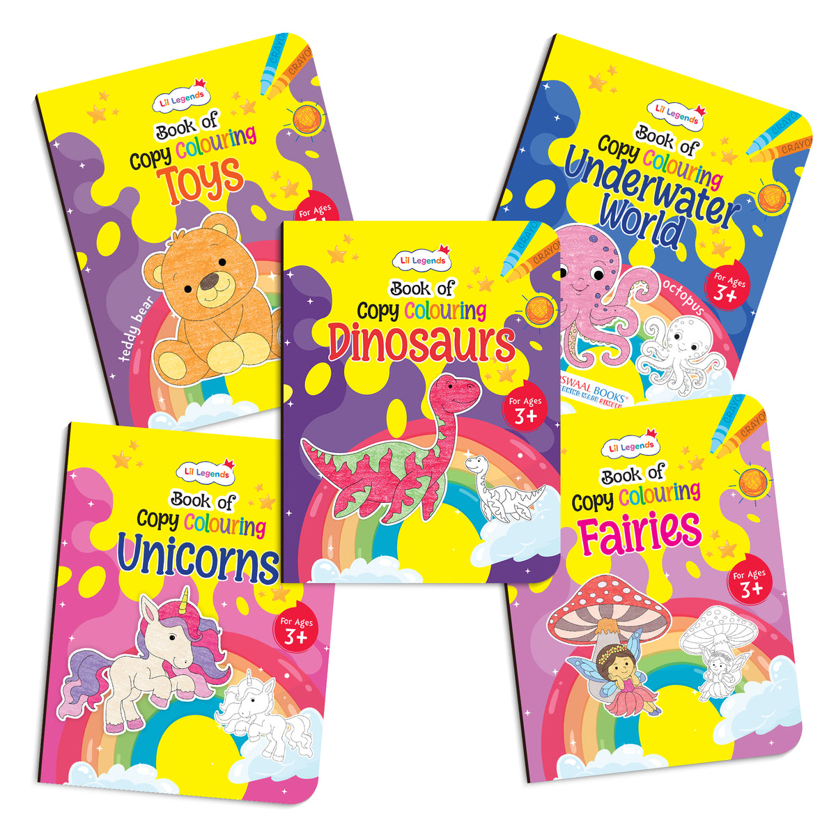 Lil Legends Books Of Copy Colouring Set of 5 Books for Kids | Dinosaurs, Unicorns, Toys, Fairies and Underwater World | Fun Activities and Vocabulary Booster | For LKG/UKG | Age 3+