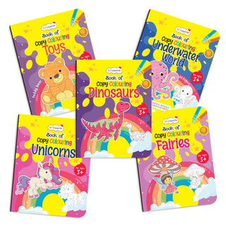 Lil Legends Books Of Copy Colouring Set of 5 Books for Kids | Dinosaurs, Unicorns, Toys, Fairies and Underwater World | Fun Activities and Vocabulary Booster | For LKG/UKG | Age 3+