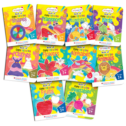 Lil Legends Set of 10 Copy Colouring Books for Kids | Boxset of 10 Books | Alphabet, Numbers, Shapes and More | Fun Activities and Vocabulary Booster | For Nursery/LKG/UKGF | Age 3+