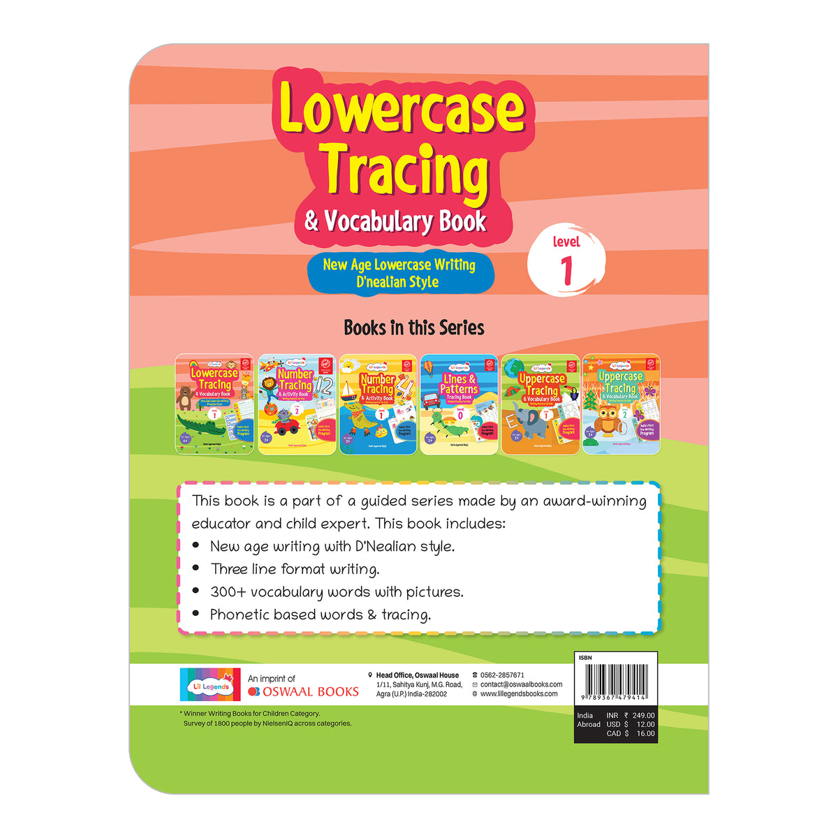 Lil Legends Writing Books Lowercase Tracing and Vocabulary Book Level | 1 New Age Lowercase Writing D'Nealian Style | Small Letters Practise Workbook | For LKG/UKG | Age 4+