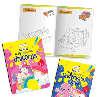 Lil Legends Books Of Copy Colouring Set of 5 Books for Kids | Dinosaurs, Unicorns, Toys, Fairies and Underwater World | Fun Activities and Vocabulary Booster | For LKG/UKG | Age 3+