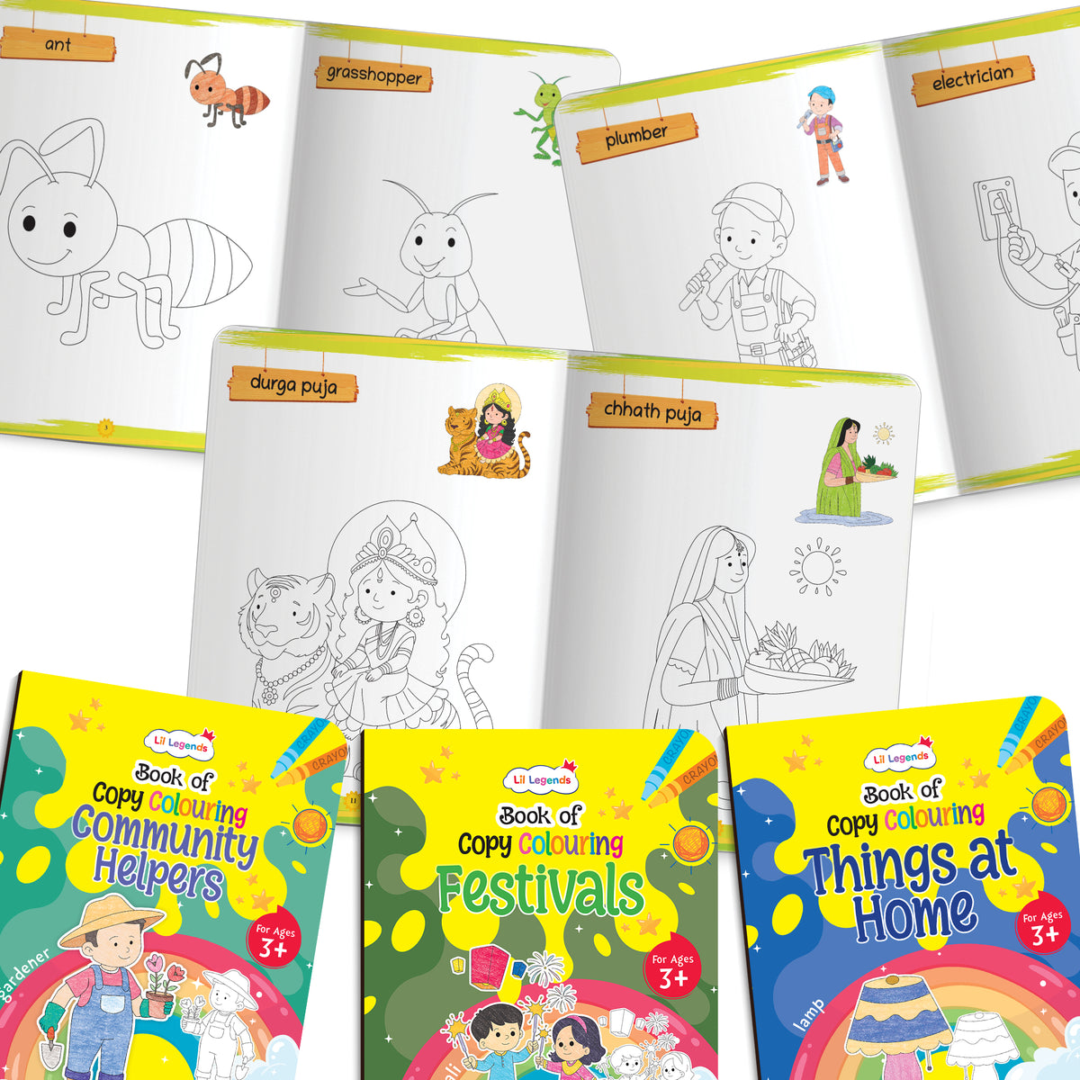 Lil Legends Books Of Copy Colouring Set of 5 Books for Kids | Community Helpers, Festivals, Things at Home and More | Fun Activities and Vocabulary Booster | For LKG/UKG | Age 3+