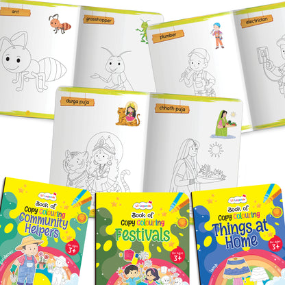 Lil Legends Books Of Copy Colouring Set of 5 Books for Kids | Community Helpers, Festivals, Things at Home and More | Fun Activities and Vocabulary Booster | For LKG/UKG | Age 3+