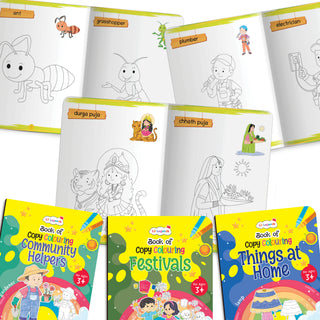 Lil Legends Books Of Copy Colouring Set of 5 Books for Kids | Community Helpers, Festivals, Things at Home and More | Fun Activities and Vocabulary Booster | For LKG/UKG | Age 3+