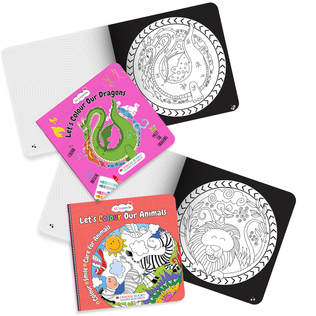 Lil Legends Let's Colour Set of 2 Colouring Books | Animals and Dragons | Travel-Friendly Hardboard Support | Boosts Focus and Creativity | For UKG/Primary | Age 4+