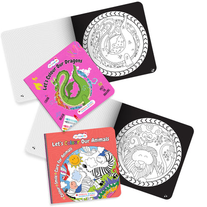 Lil Legends Let's Colour Set of 2 Colouring Books | Animals and Dragons | Travel-Friendly Hardboard Support | Boosts Focus and Creativity | For UKG/Primary | Age 4+