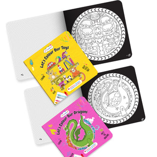 Lil Legends Let's Colour Set of 2 Colouring Books | Toys and Dragons | Travel-Friendly Hardboard Support | Boosts Focus and Creativity | For UKG/Primary | Age 4+