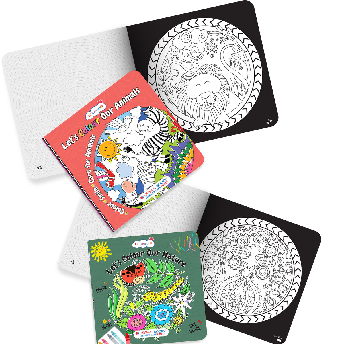 Oswaal Lil Legends Let's Colour Set of 2 Colouring Books | Animals and Nature | Travel-Friendly Hardboard Support | Boosts Focus and Creativity | For UKG/Primary | Age 4+