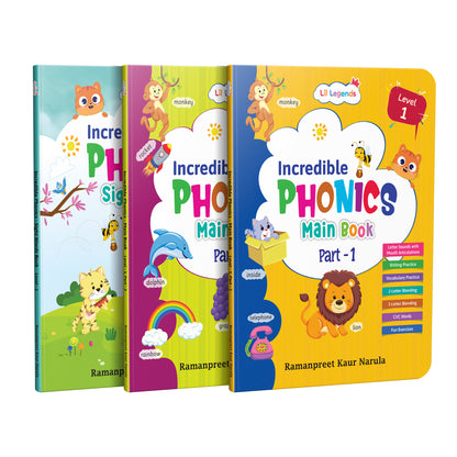 Lil Legends Incredible Phonics Level 1 Main Book Part 1, Part 2 and Sight Words Book | Set of 3 for Age 3-5 Years | Letter Sounds, High Frequency Words and Fun Activities | For Nursery/LKG/