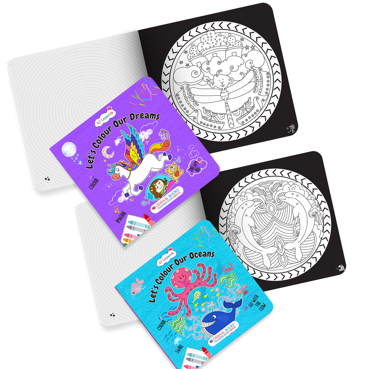 Lil Legends Let's Colour Set of 2 Colouring Books | Dreams and Oceans | Travel-Friendly Hardboard Support | Boosts Focus and Creativity | For UKG/Primary | Age 4+