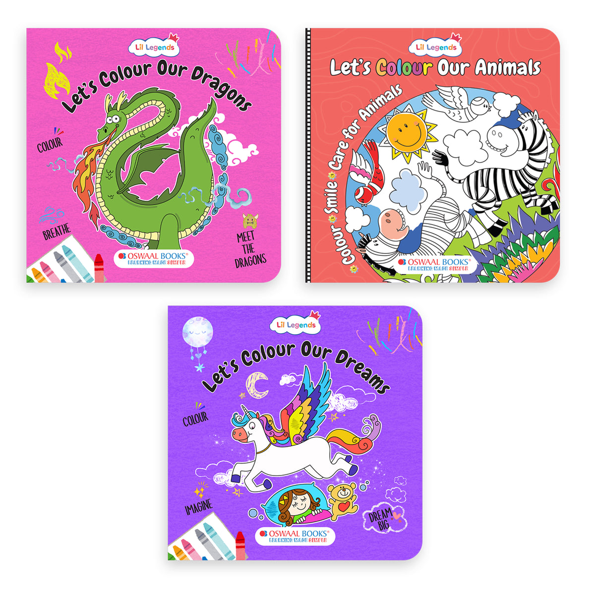 Lil Legends Let's Colour Set of 6 Colouring Books | Animals, Toys, Dreams, Dragons, Nature and Oceans | Travel-Friendly Hardboard Support | For UKG/Primary | Age 4+