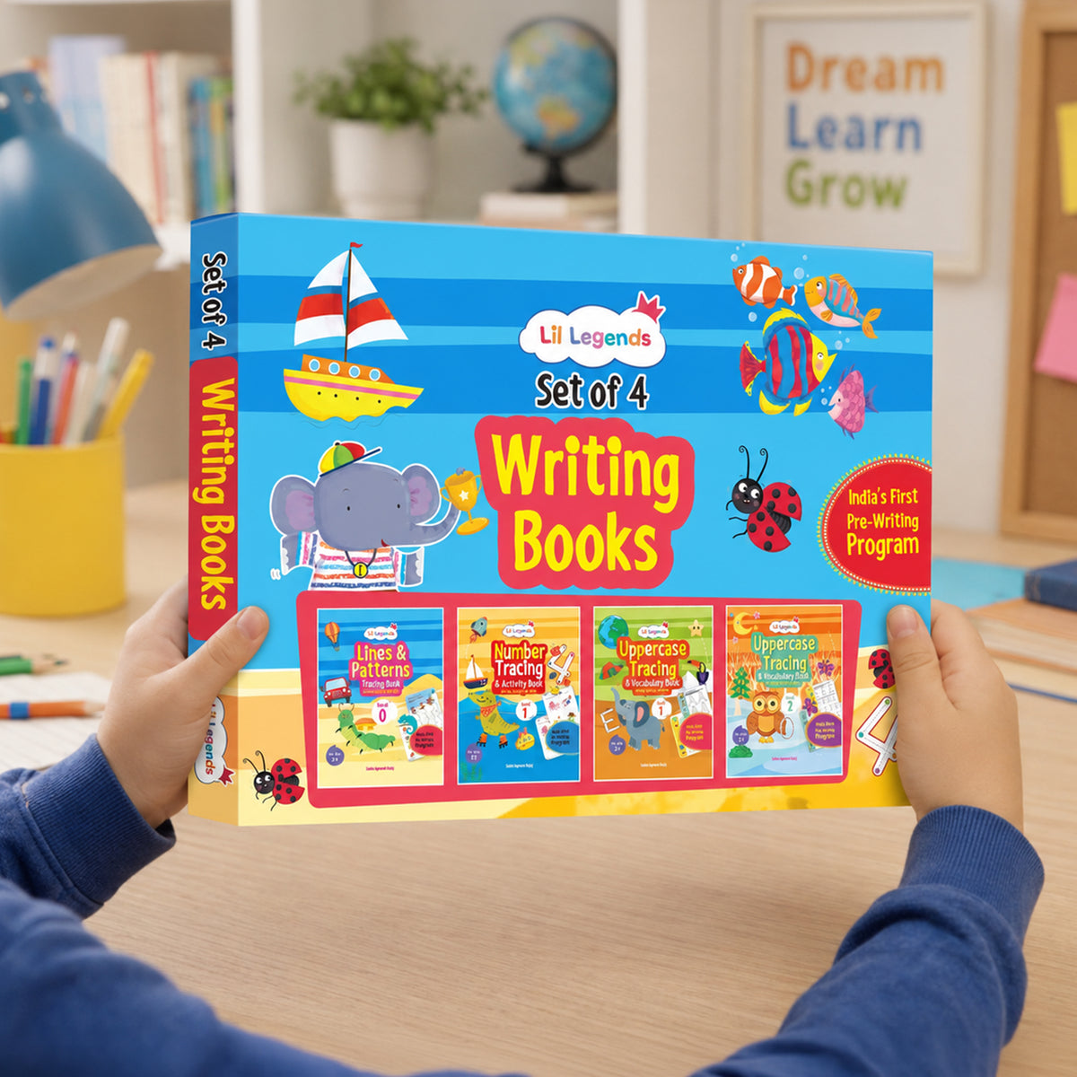 Lil Legends Set of 4 Writing Books Box Set | India's First Pre-Writing Program | Patterns, Numbers and Uppercase Tracing, Activities and Vocabulary | For Nursery/LKG/UKG | Age 2-5