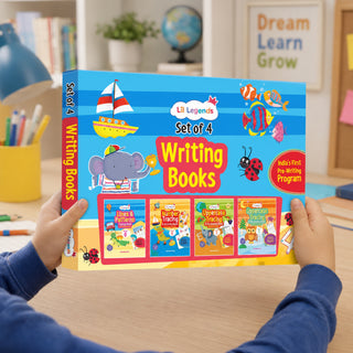 Lil Legends Set of 4 Writing Books Box Set | India's First Pre-Writing Program | Patterns, Numbers and Uppercase Tracing, Activities and Vocabulary | For Nursery/LKG/UKG | Age 2-5