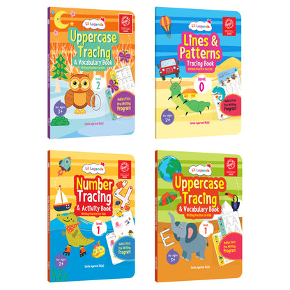 Lil Legends Set of 4 Writing Books Box Set | India's First Pre-Writing Program | Patterns, Numbers and Uppercase Tracing, Activities and Vocabulary | For Nursery/LKG/UKG | Age 2-5