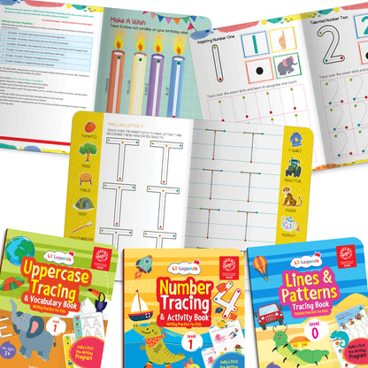 Oswaal Lil Legends Early Writing Readiness | Set of 3 Books | Lines and Patterns + Number Tracing + Uppercase Tracing and Vocabulary | India's First Pre-Writing Programme | Age 2-5