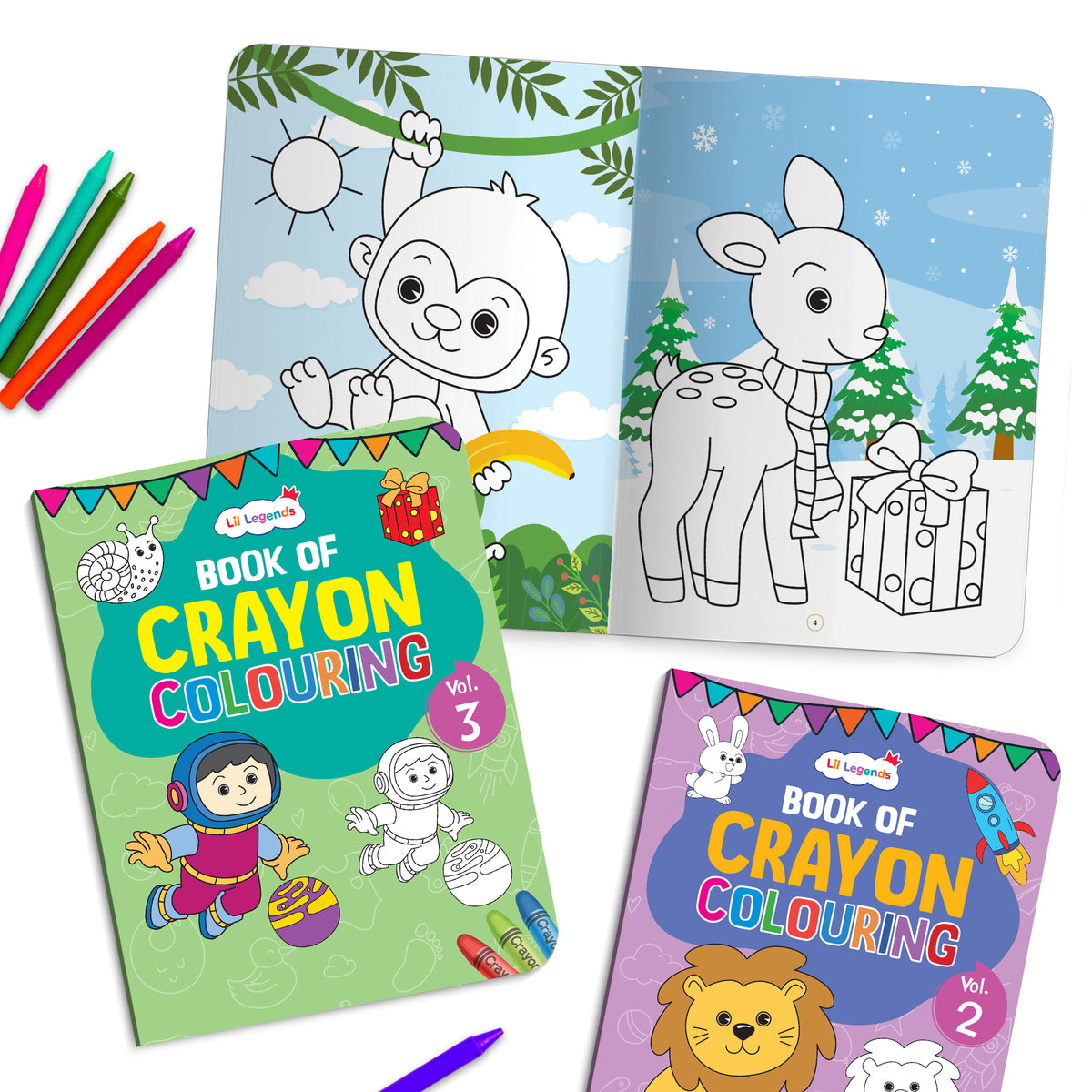 Lil Legends Books Of Crayon Colouring Vol 1-4 Set of 4 | Boosts Focus, Colour Recognition and Creativity | Fun Activity Books With Bold Outlines | For Nursery/LKG/UKG | Age 3+