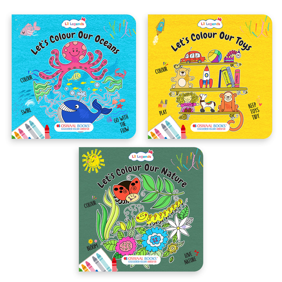 Lil Legends Let's Colour Set of 6 Colouring Books | Animals, Toys, Dreams, Dragons, Nature and Oceans | Travel-Friendly Hardboard Support | For UKG/Primary | Age 4+